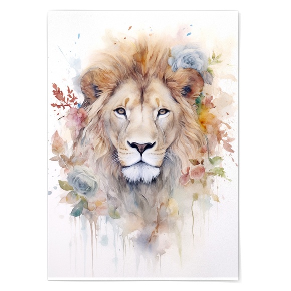 Watercolor Lion With Flowers Portrait Wall Art Illustration Print Unframed - Picture 6 of 6